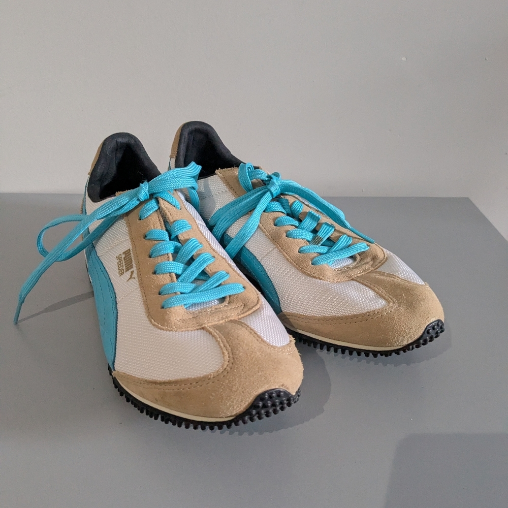 PUMA Speeder US Wmns 9 White Tan Blue Lace up Sneakers Sport Lifestyle